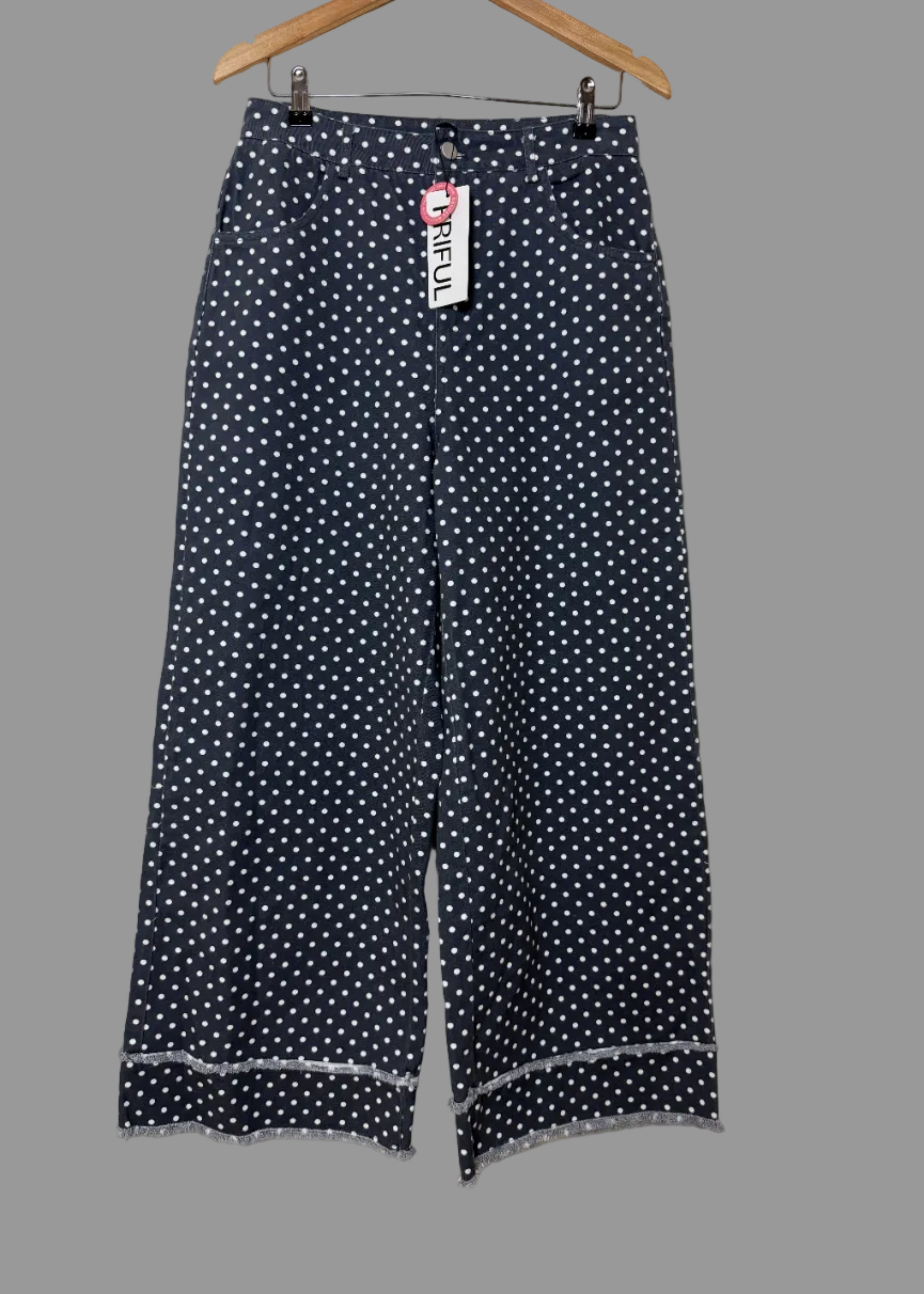 Friful Palazzo Trousers Grey White Polka Dot Wide Leg High Waist UK12 BNWT