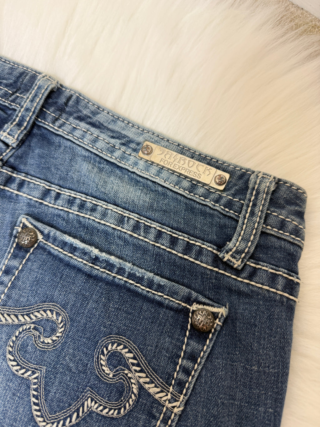 ReRock Express Y2K Western Denim Shorts Dark Wash Embroidered Contrast Stitch UK12