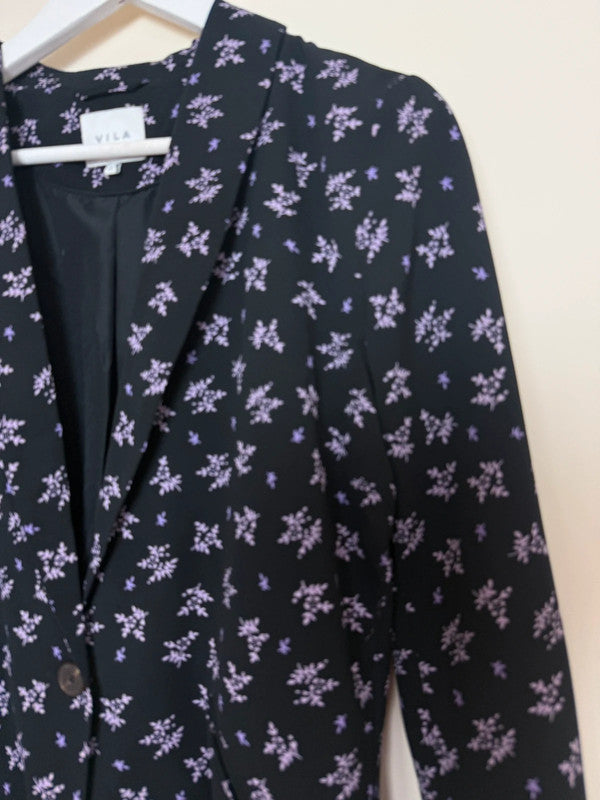 Vila Black Floral Print Single Breasted Lightweight Blazer - UK10