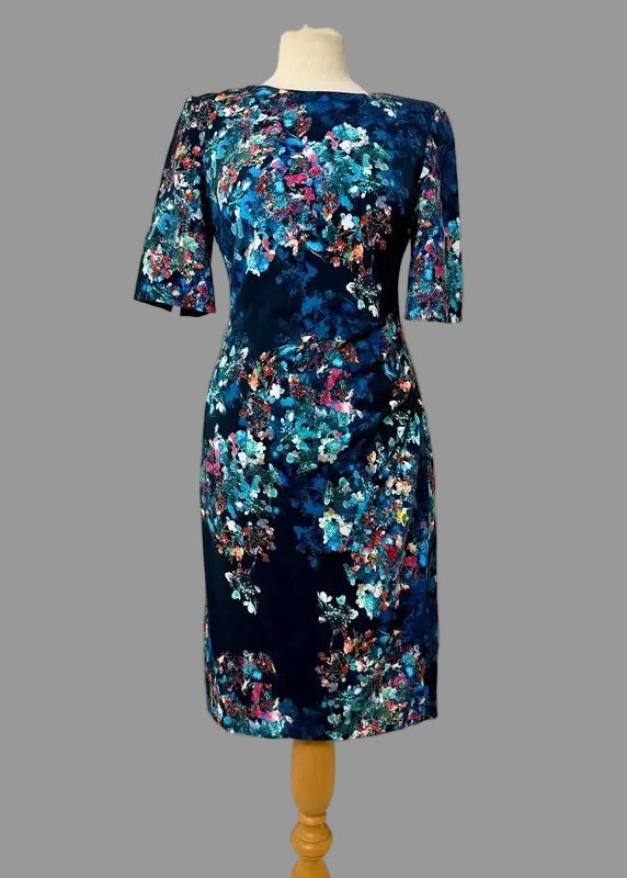 LK Bennett Marli Navy Blue Floral Print Dress with Ruched Waist – Occasion Smart Lined, UK 8, VGC