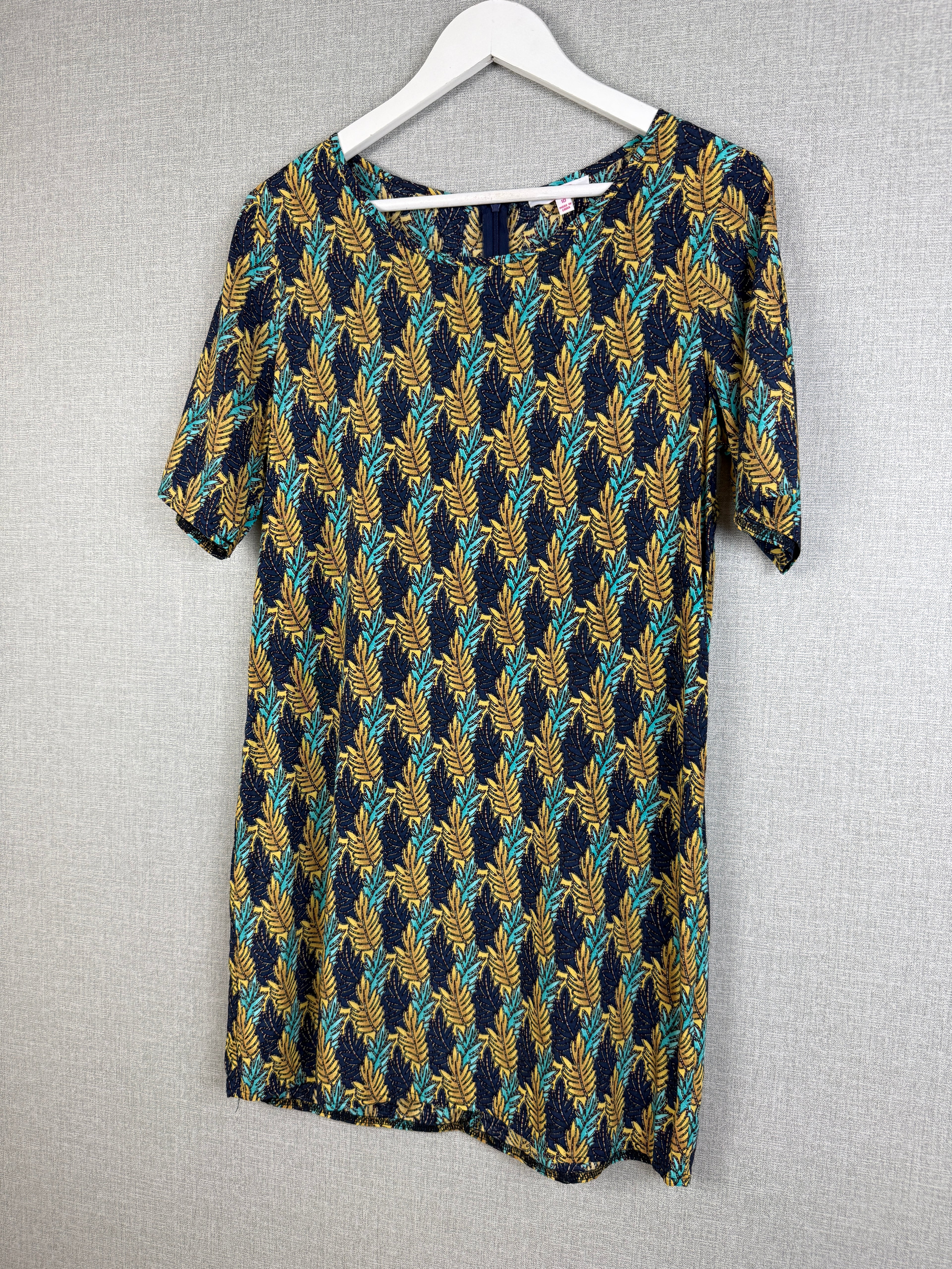 SES Fashion Leaf Print Viscose Shift Dress UK 10 Navy Mustard Turquoise