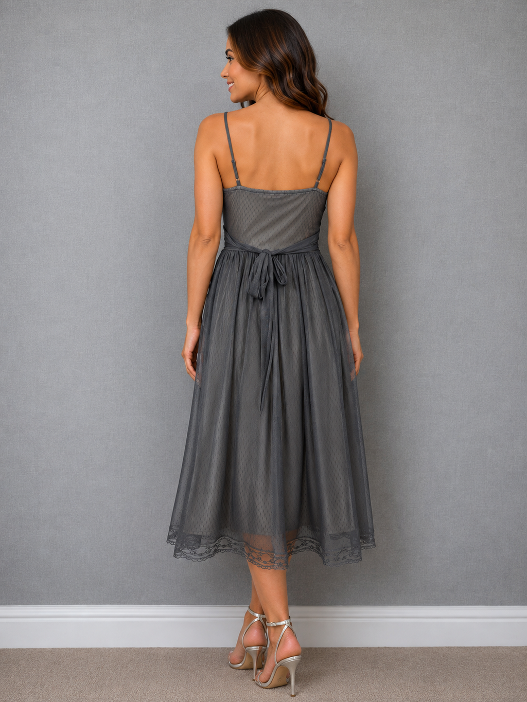 Lipsy Grey Embellished Mesh Midi Dress S/M – Pre-Loved