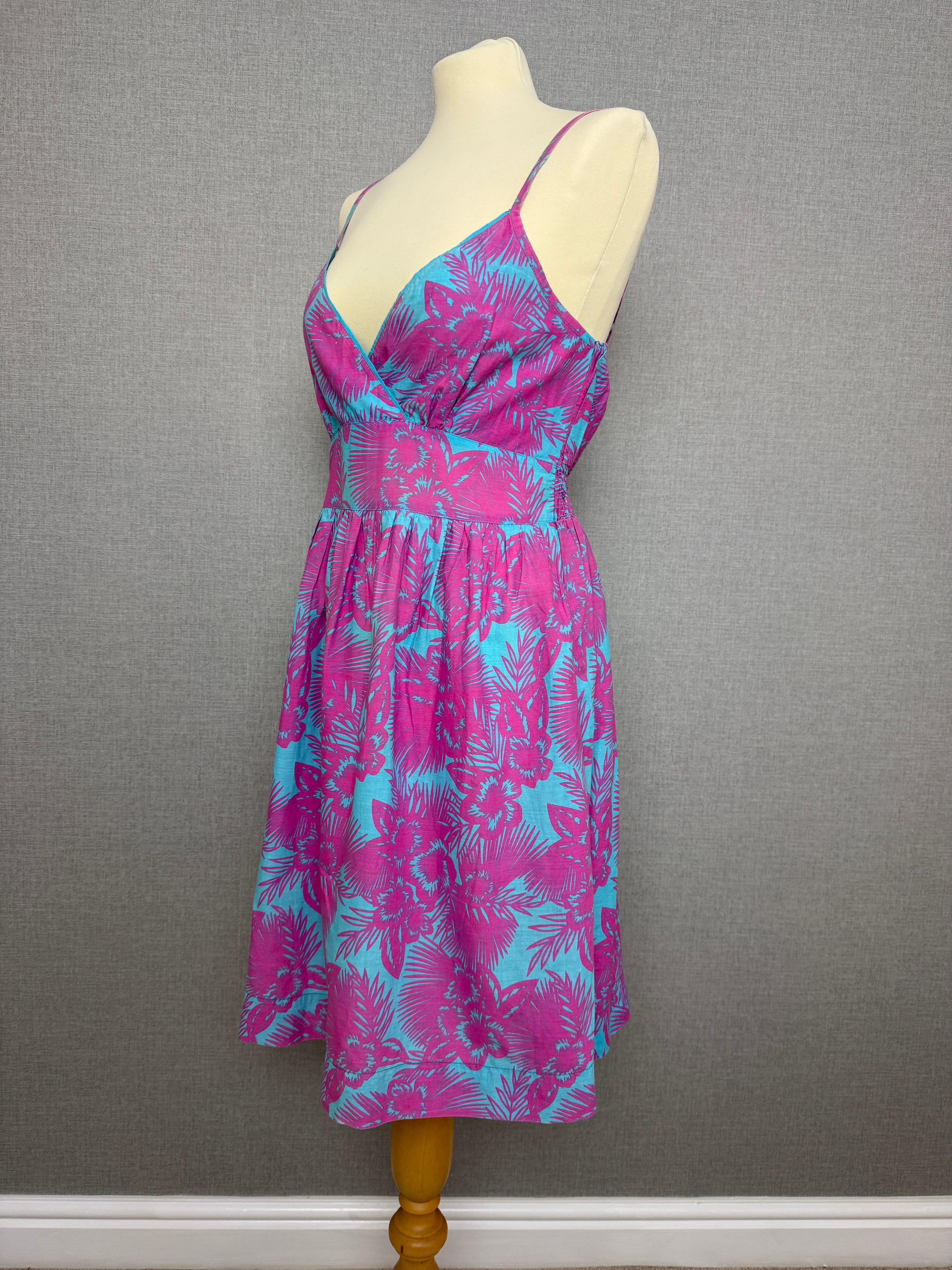 Papaya Pink & Blue Tropical Print Strappy Summer Dress UK14