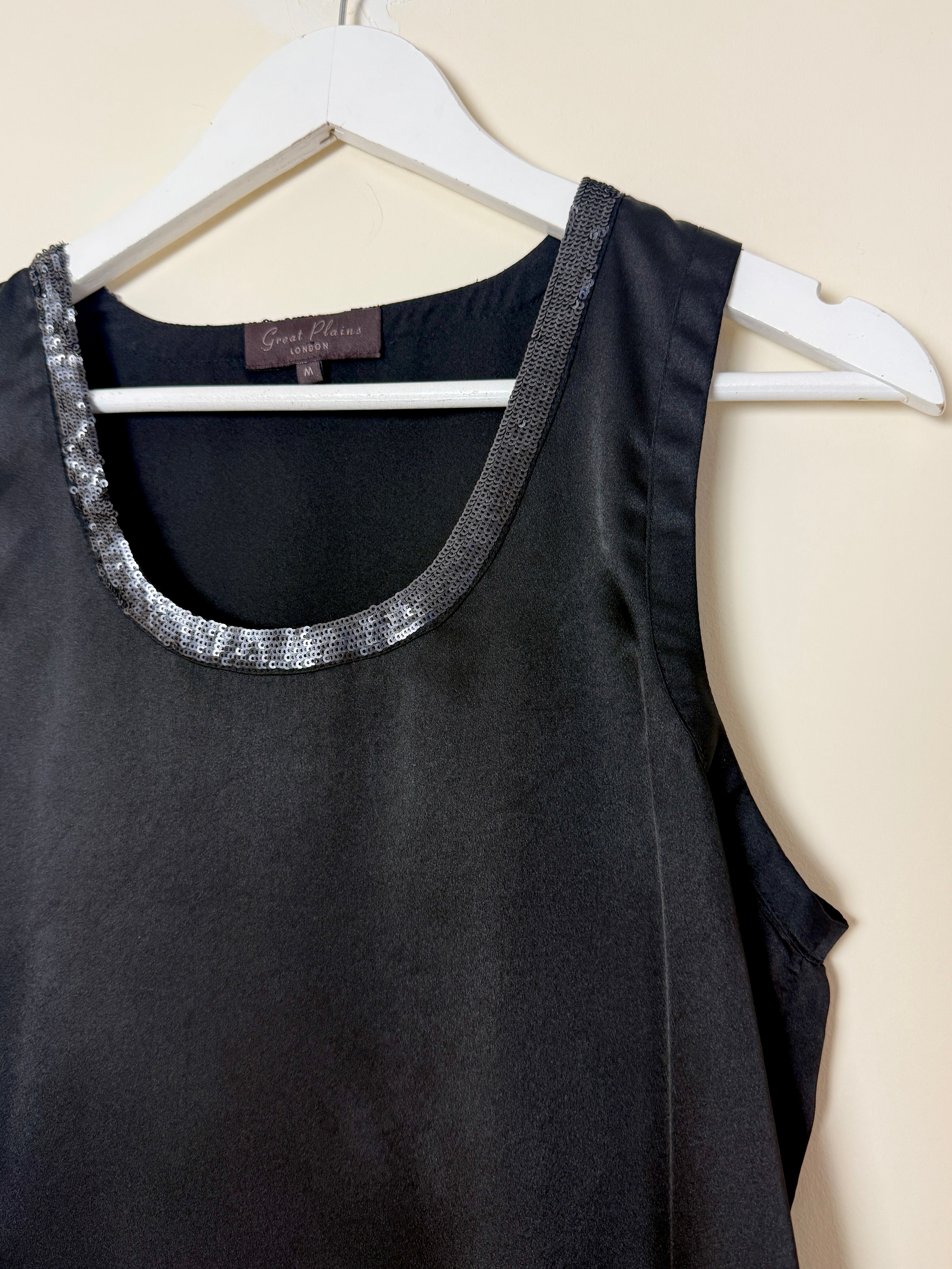 Great Plains Black Satin Sleeveless Top Sequin Neckline Size M
