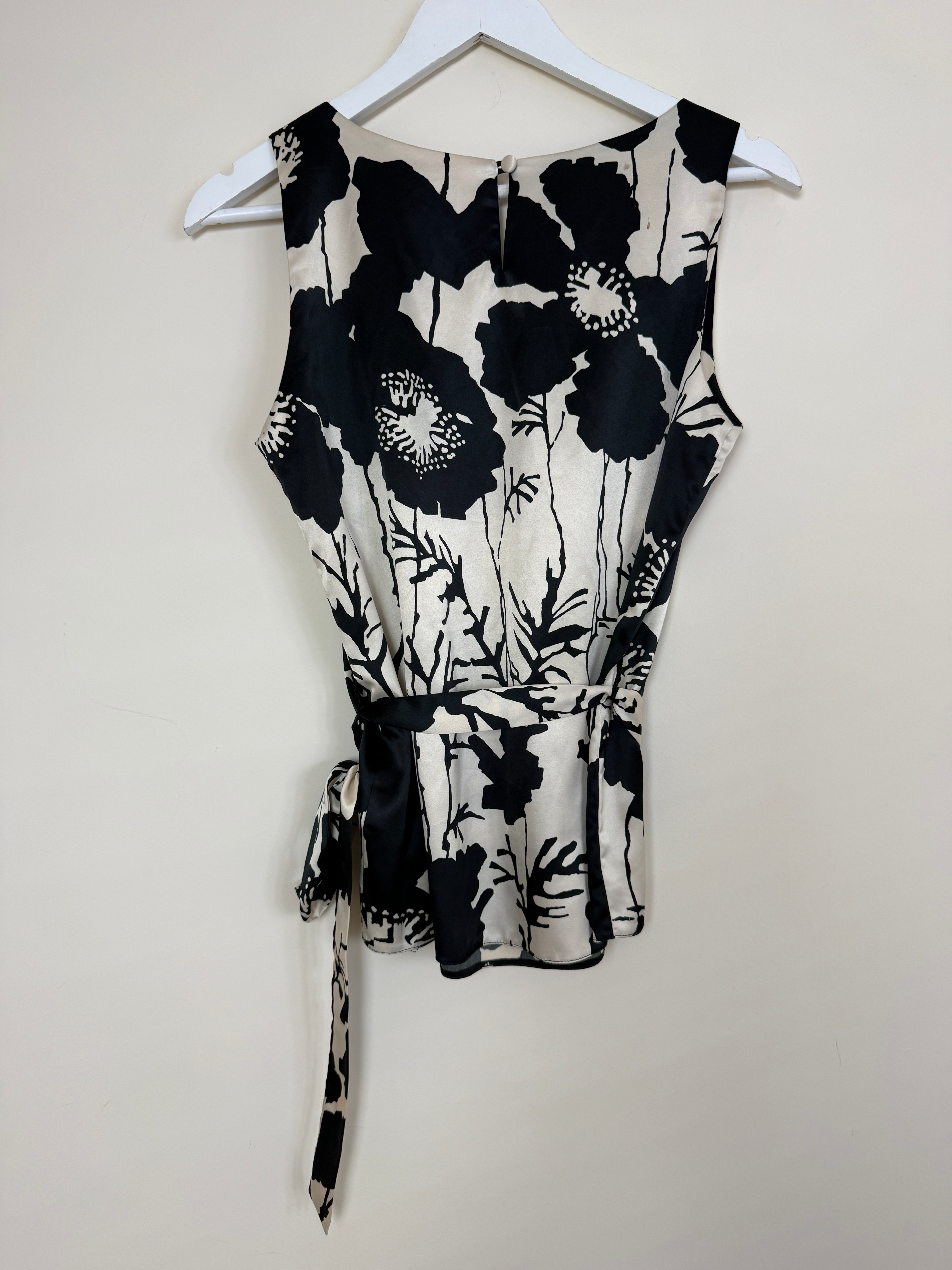 Wallis Floral Print Sleeveless Tie Waist Blouse Cream Black Size 12