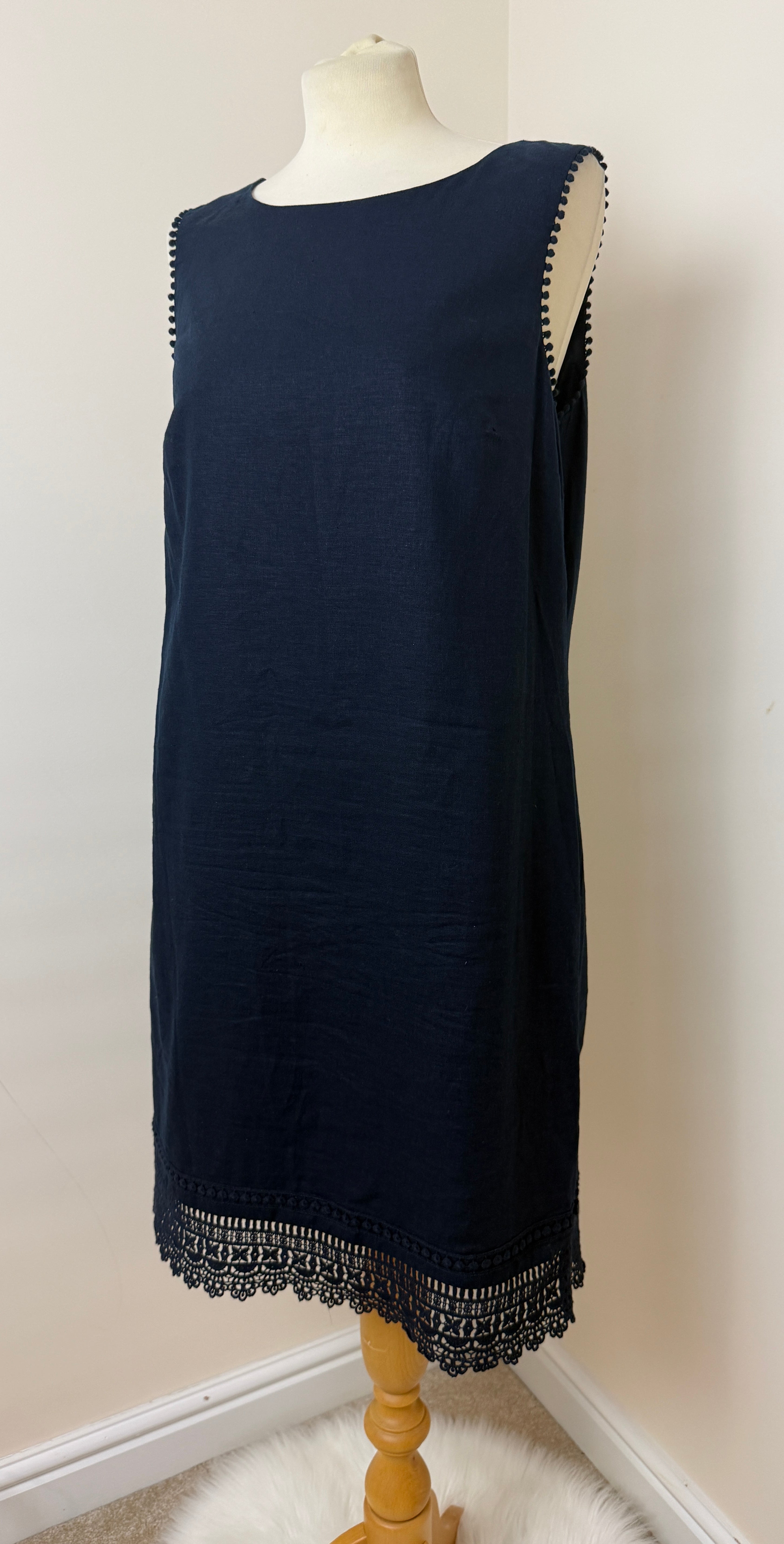 Papaya Black Linen Blend Shift Dress UK14 Sleeveless Embroidered Trim