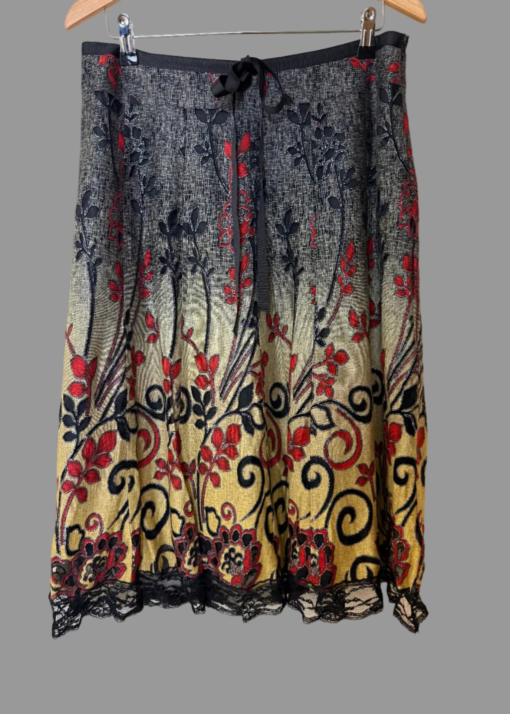 Vintage Floral Boho Midi Skirt Lace Hem Festival Artsy UK XL