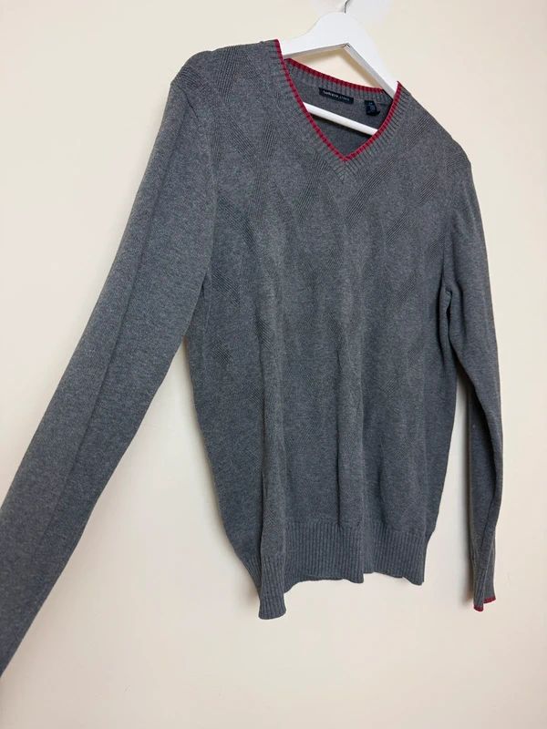 Van Heusen Grey V Neck Jumper Small Cotton Textured Diamond Knit