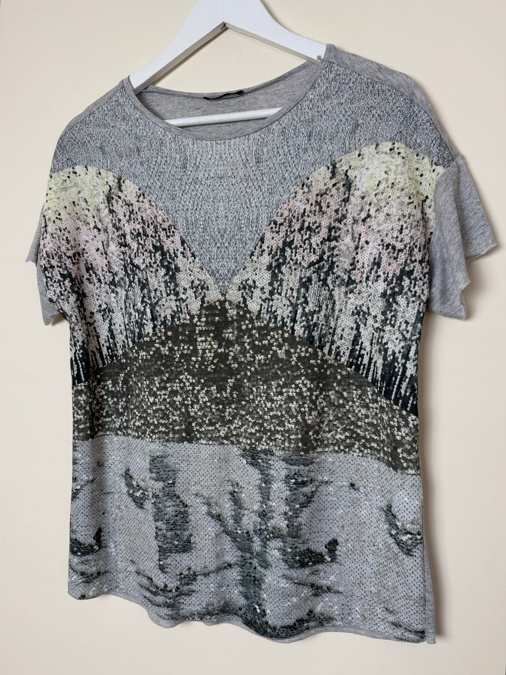 ZARA Grey Sequin Print Oversized T Shirt Medium