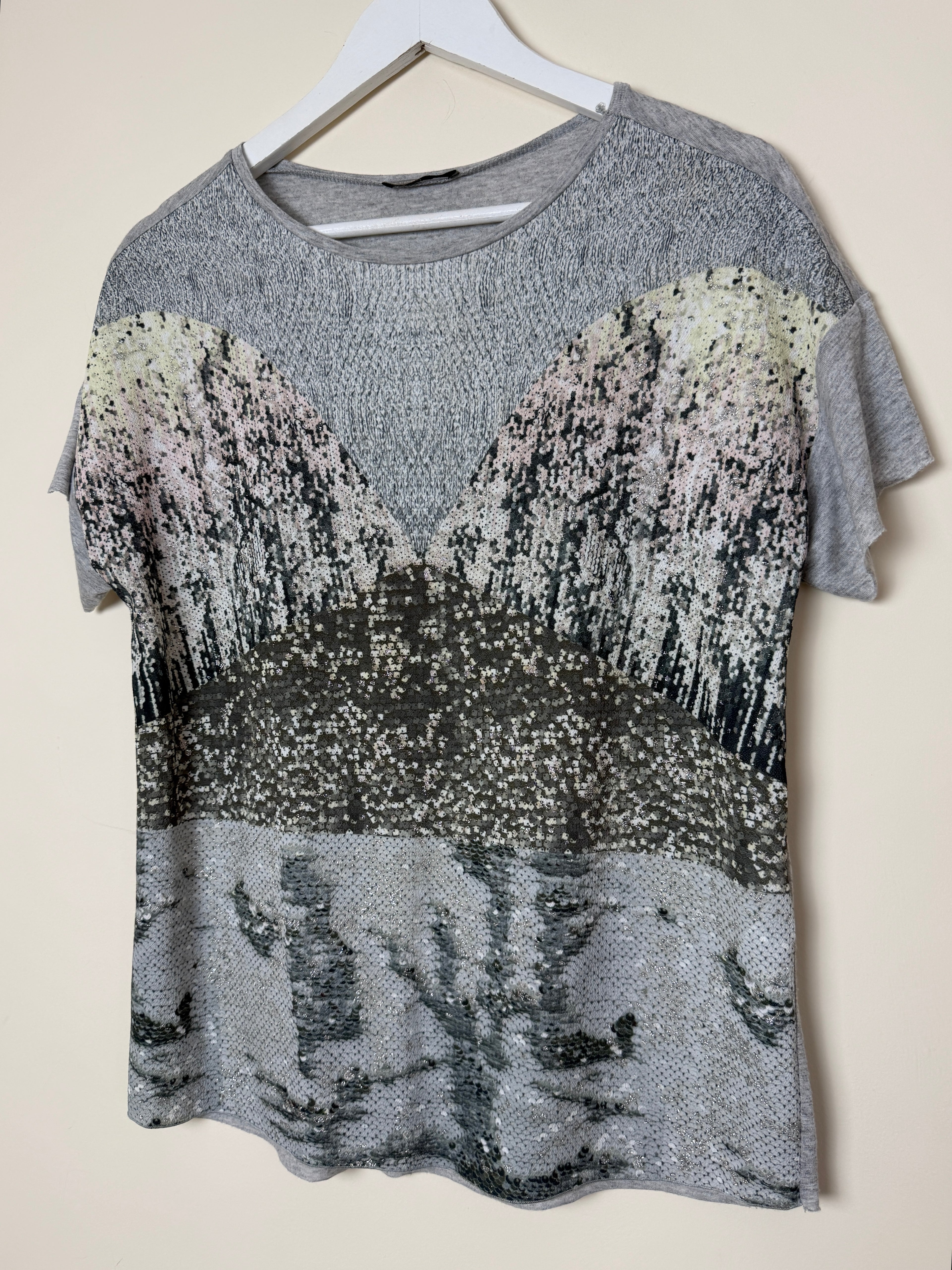 ZARA Grey Sequin Print Oversized T Shirt Medium