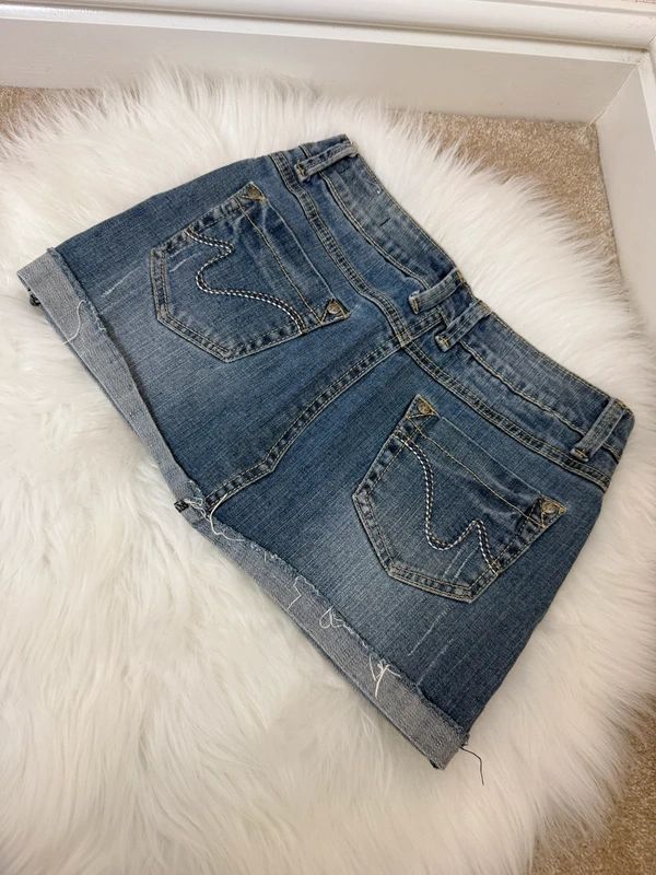 Oxygen Perfect Fit Y2K Denim Micro Mini Skirt Distressed Turn Up Hem Low Rise UK8
