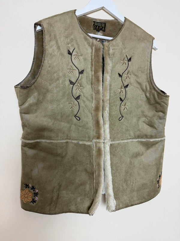 Vintage Faux Shearing Fur Olive Green Embroidered Gilet by DAPA - XL