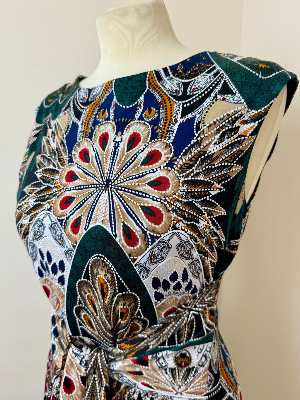 Apricot Paisley Peacock Print Midi Dress UK10 Tie Waist Boho