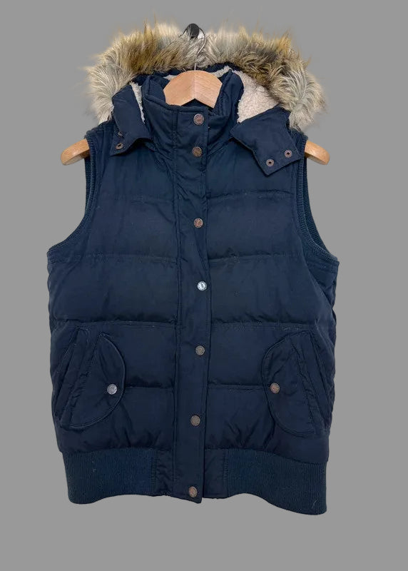 Fat Face Navy Gilet Sherpa Lined Faux Fur Hood - UK12