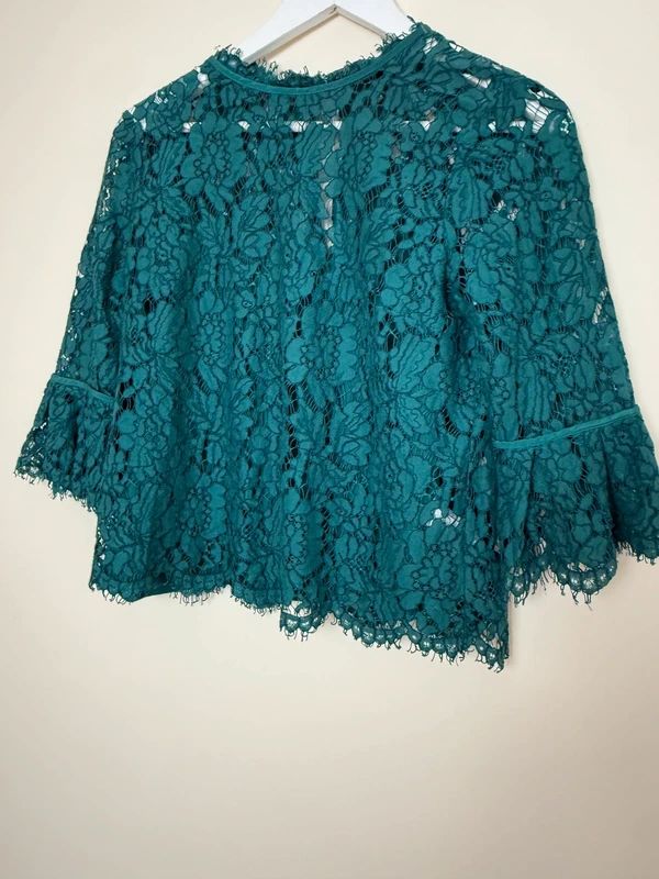 Next Emerald Green Lace Blouse Sheer Overlay Camisole Flare Sleeve UK10