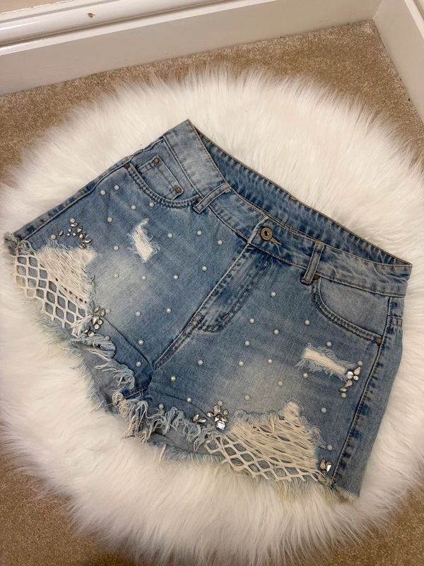 Collection Distressed Y2K Denim Shorts – Embellished with Pearls, Crystals & Mesh Fringe, W28 / UK 10