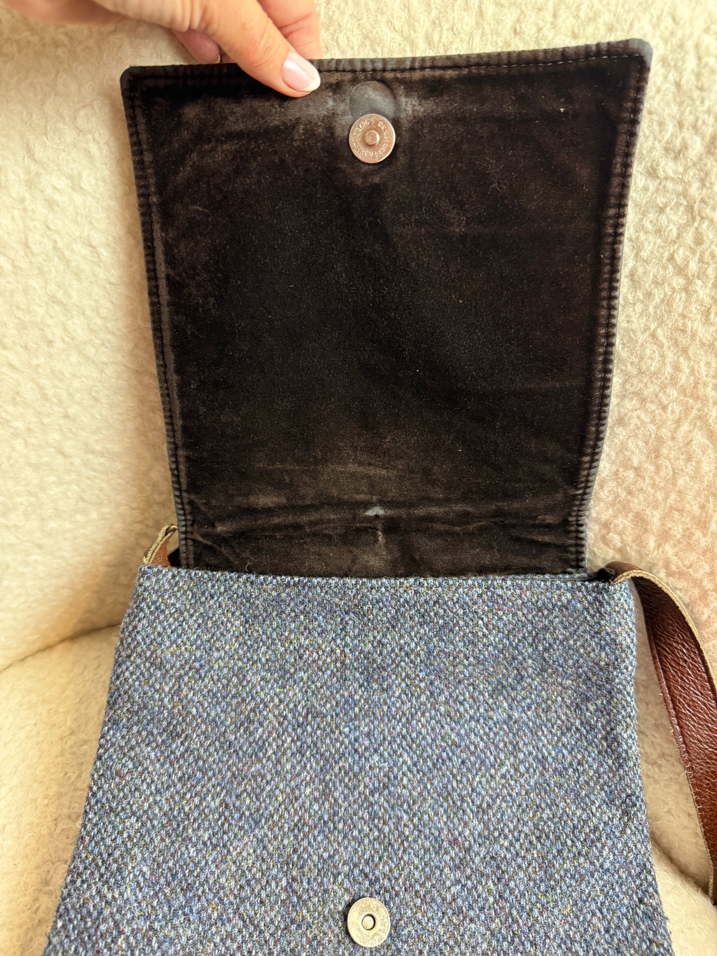 Harris Tweed Messenger Crossbody Bag Navy Herringbone Wool