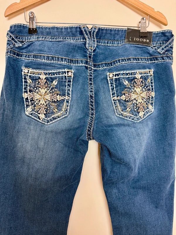 Vigoss Chelsea Y2K Bootcut Jeans Dark Wash Embellished Low Rise UK 14
