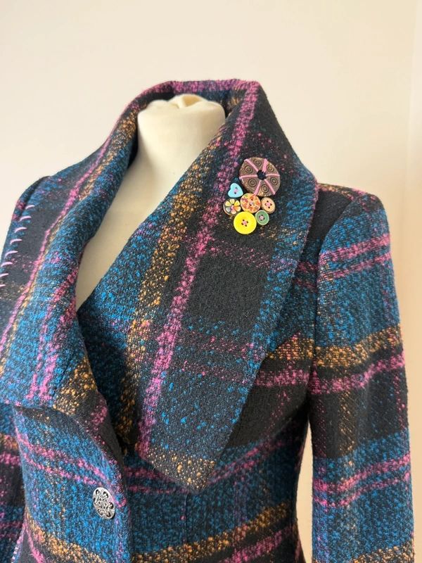 Joe Browns Plaid Overcoat Teal Pink Check Asymmetric Collar Wool Blend UK10