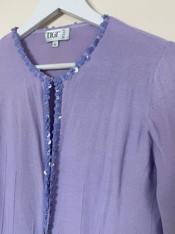 TIGI Cardigan Lavender Sequin Trim Fine Knit Hook Eye UK10