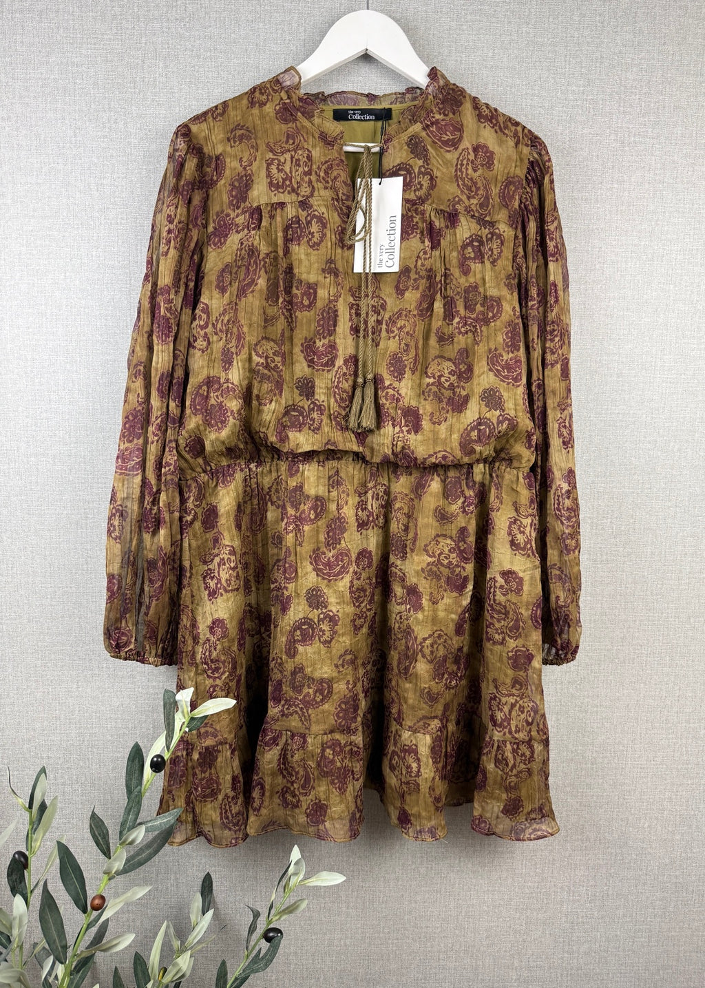 The Very Collection Paisley Tiered Mini Dress – Olive & Burgundy – UK 20 – BNWT