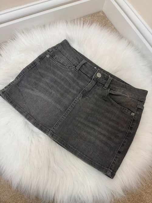 Aeropostale Grey Denim Micro Mini Skirt Y2K Low Rise Embroidered Pockets UK8