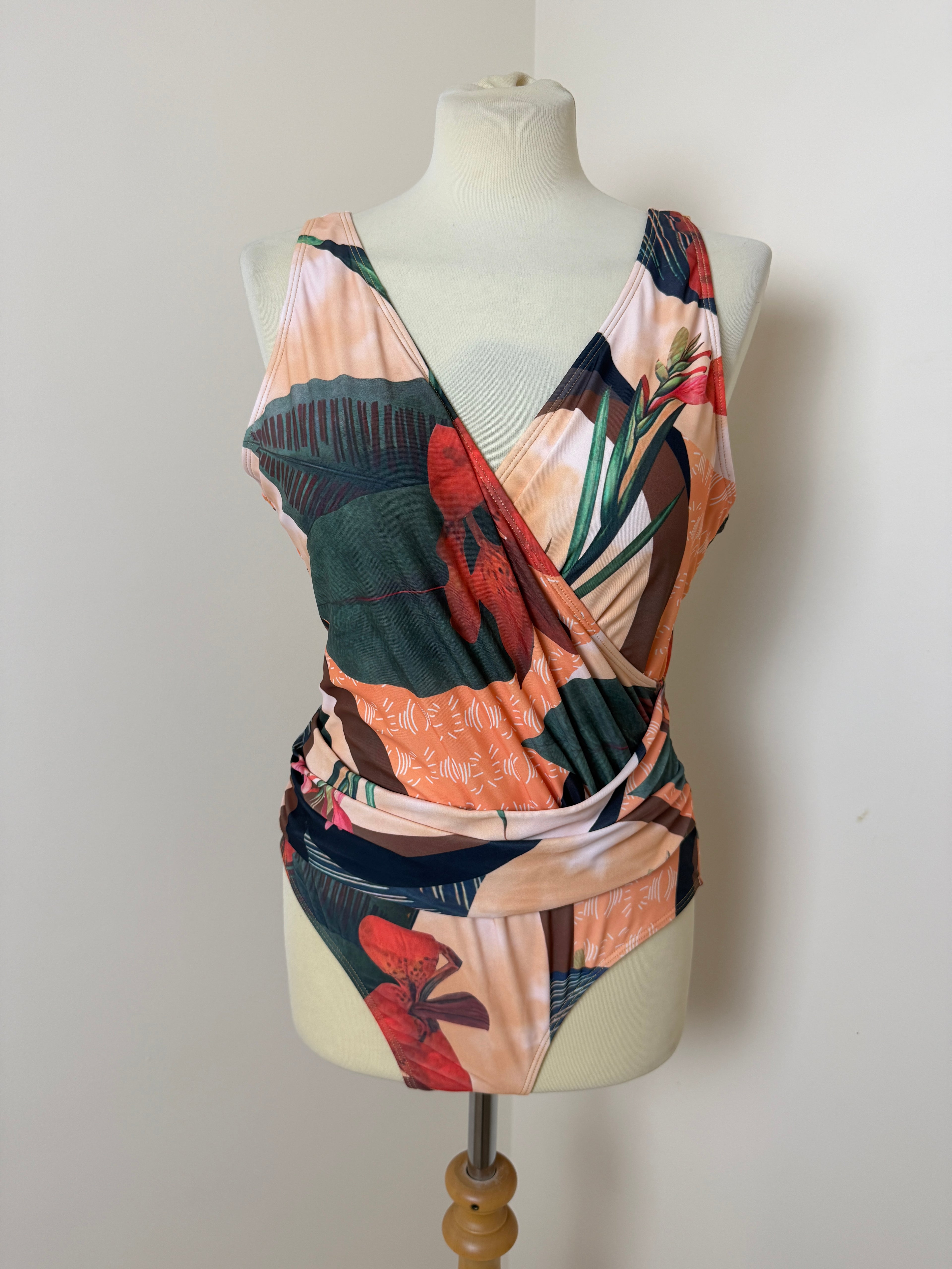 Tropical Floral Swimsuit & Sheer Mesh Sarong Set XL