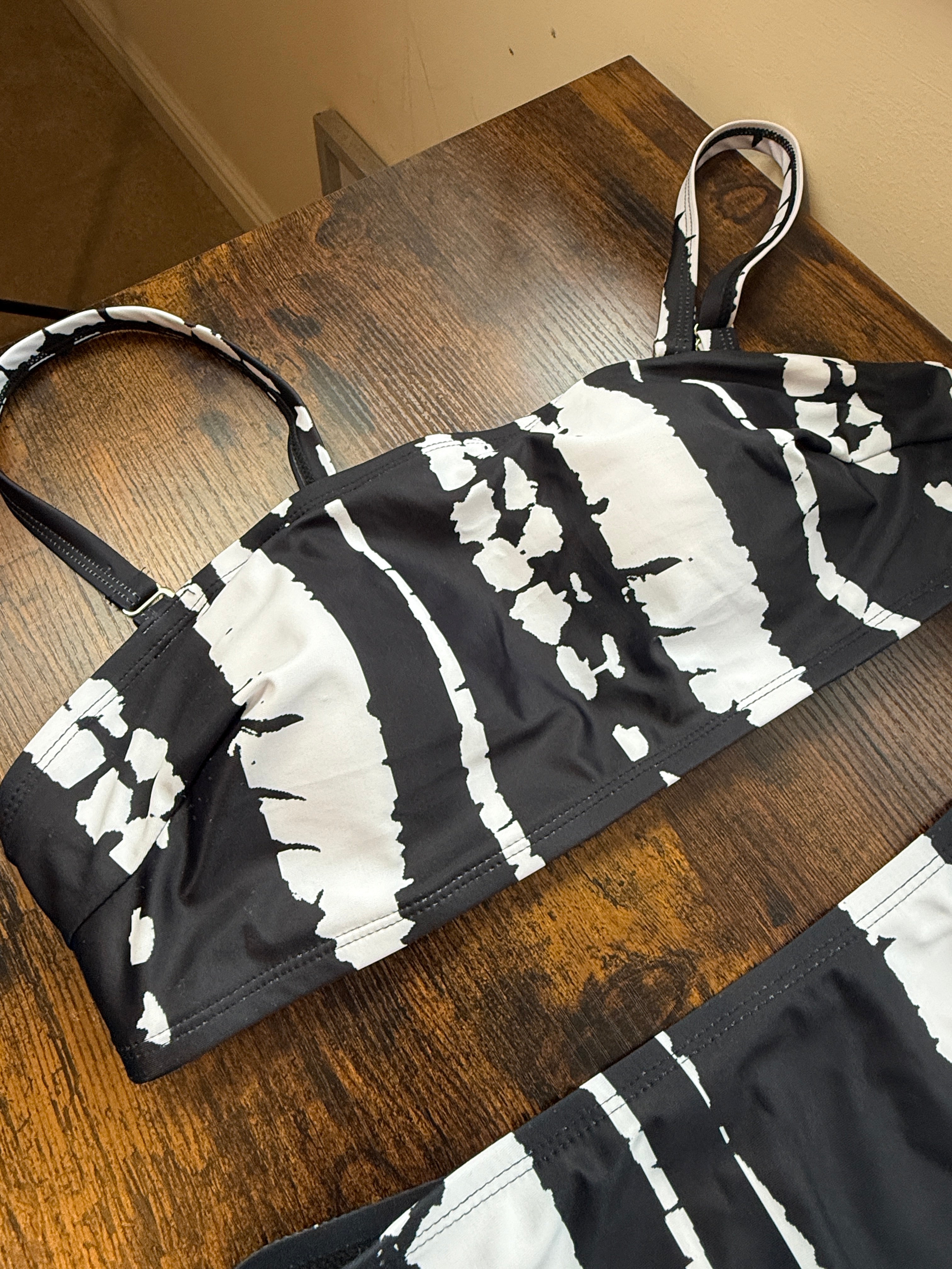 SHEIN Black White Abstract Print Bikini Set UK 16 XL High Waist Swimwear