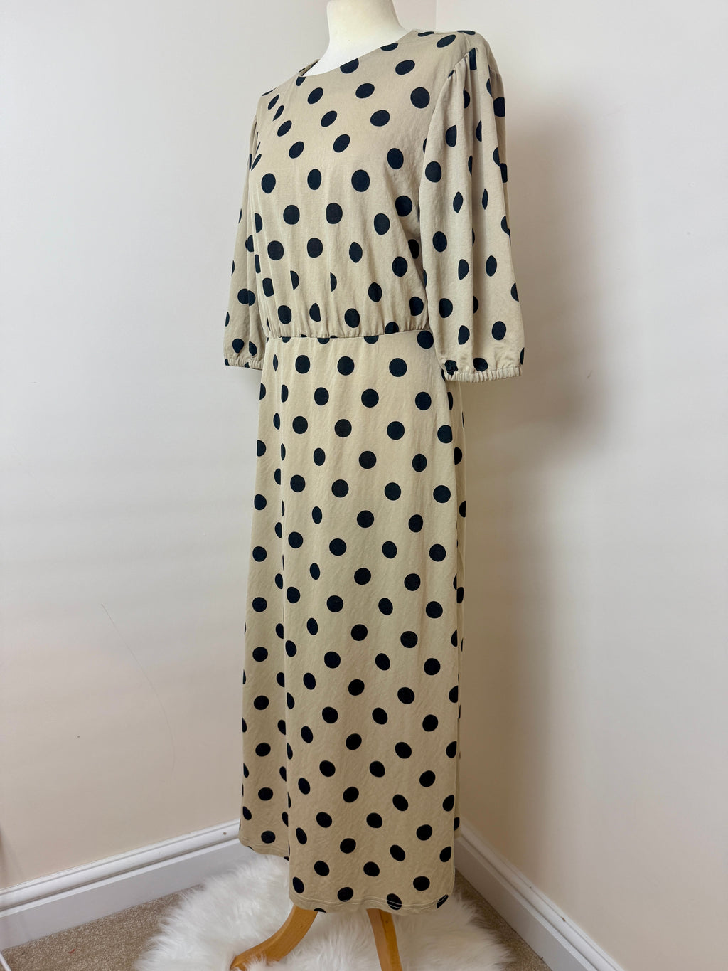Next SP Beige Black Polka Dot Maxi Dress UK12 Puff Sleeve Dress
