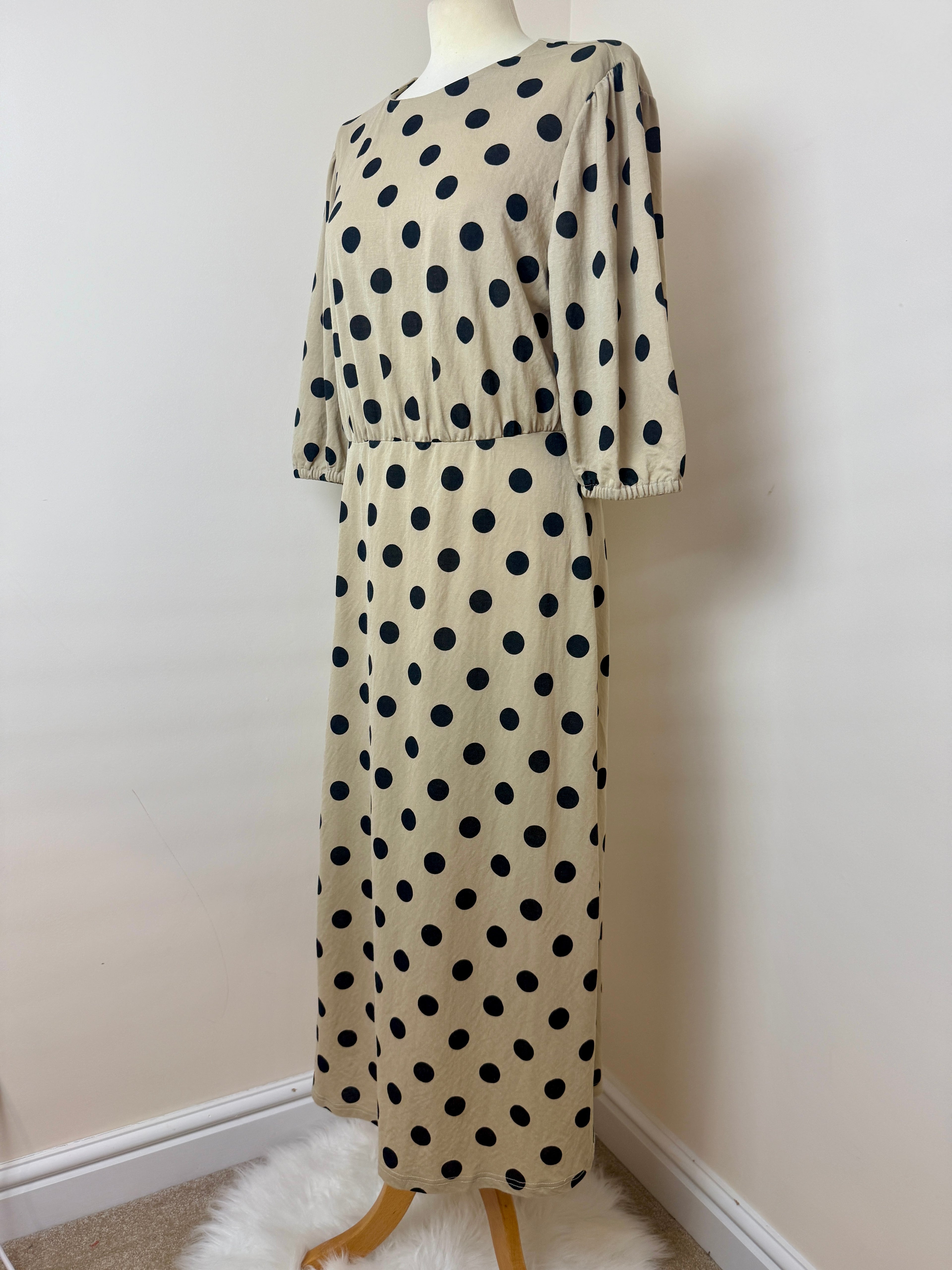 Next SP Beige Black Polka Dot Maxi Dress UK12 Puff Sleeve Dress
