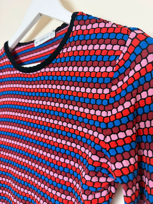 Zara Knit Multi Colour Geo Print Crop Jumper  - Small