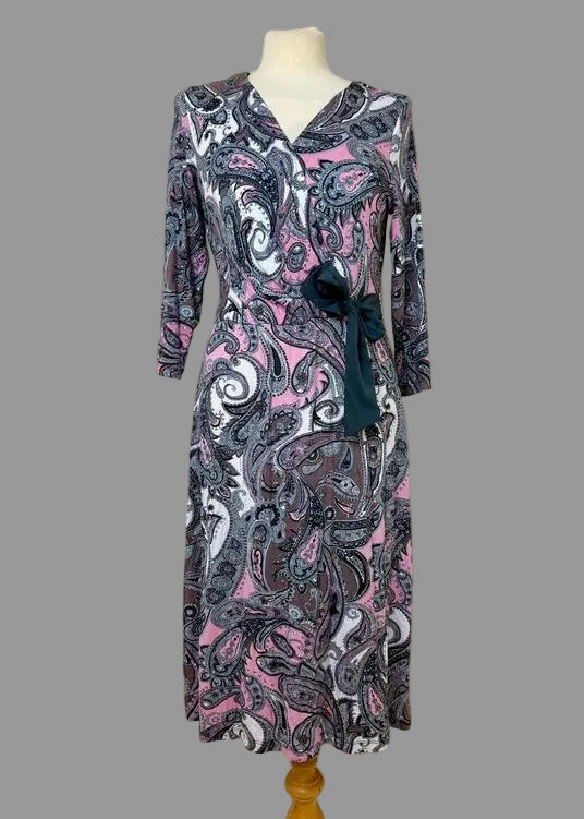 Soon Pink Paisley Wrap Style Stretch Midi Dress UK 12