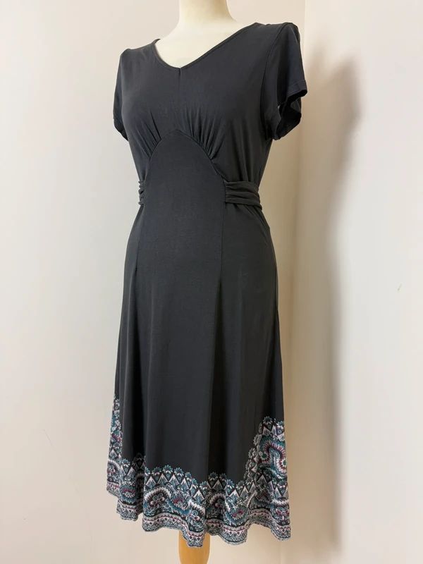 Fat Face Midi Dress Grey Boho Tie Waist Printed Hem UK12