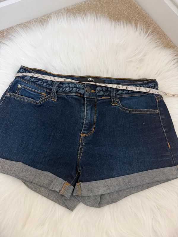 Else Dark Blue Braided Waistband Cuffed Hem Denim Mini Shorts – W28, Festival Boho Summer