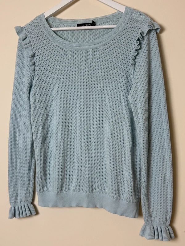 Ralph Lauren Pastel Blue Lace Knit Jumper Ruffle Shoulder Camisole Layered XL