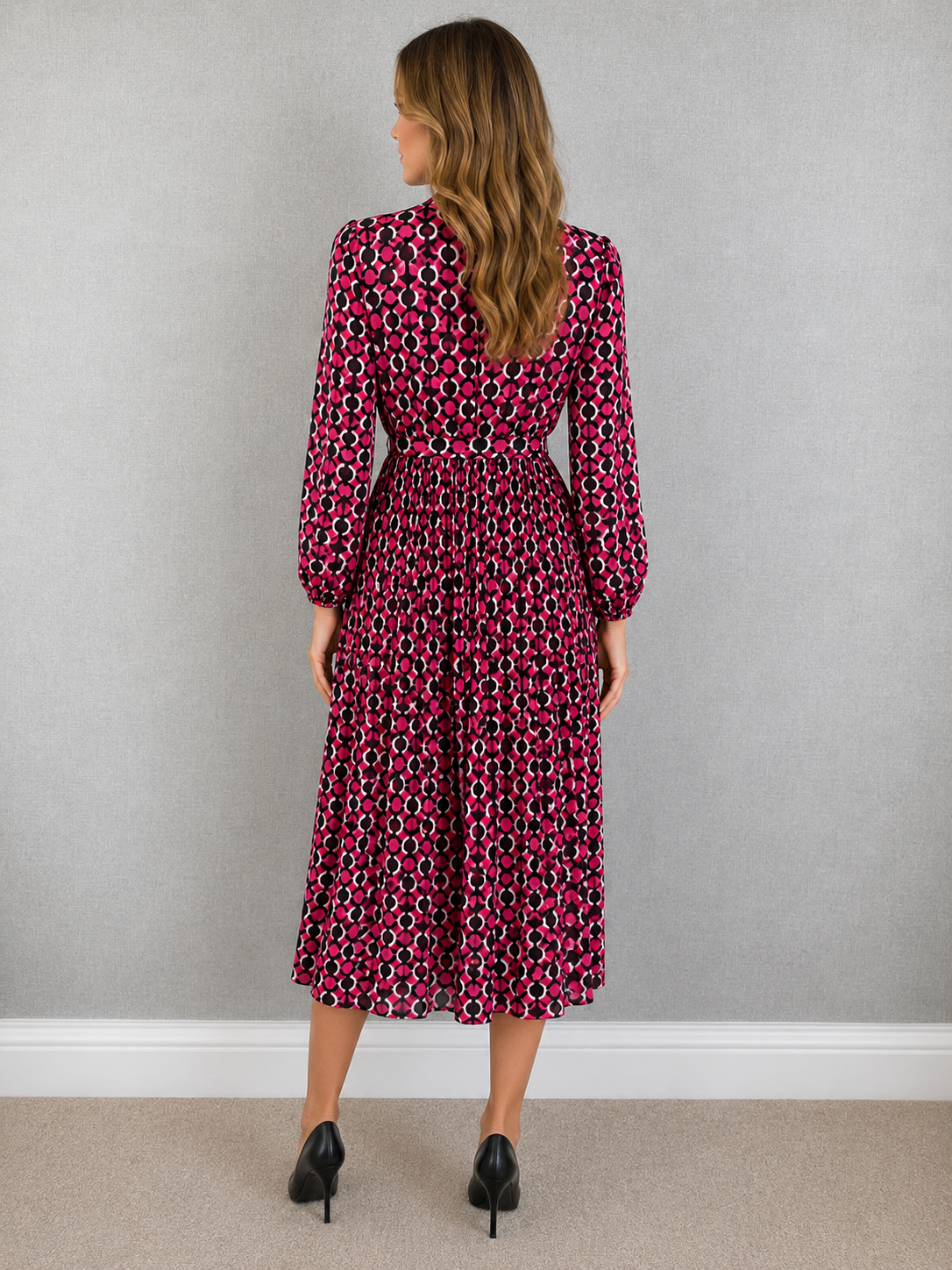 Sugar BaBe Pink Geometric Pleated Midi Dress Made in Italy UK 10 – BNWT