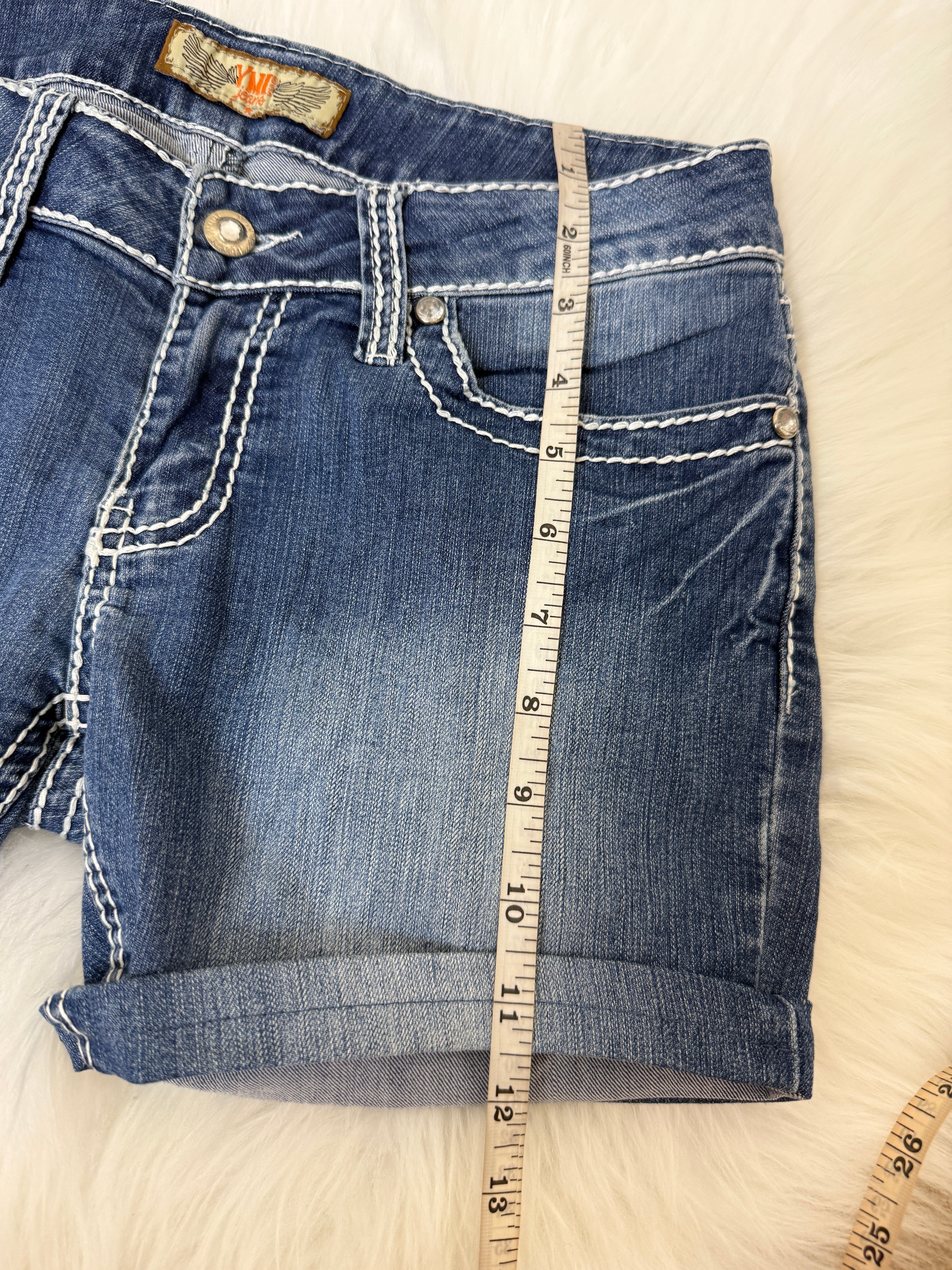 YMI Wannabetterbutt Y2K Western Denim Shorts Dark Wash Contrast Stitch Stud Detail UK10