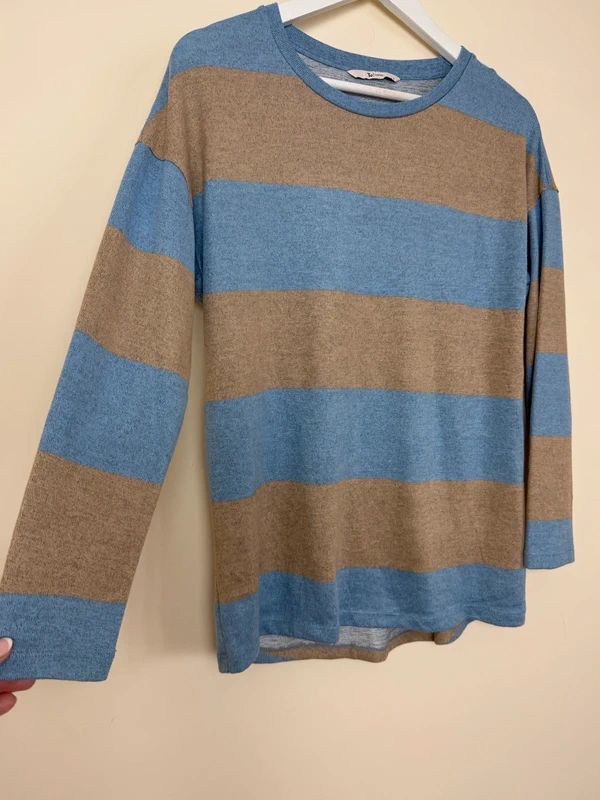 TU Jersey Top Blue Tan Long Sleeve Crew Neck Dip Hem Lightweight UK8