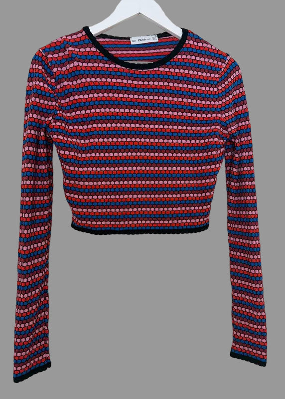 Zara Knit Multi Colour Geo Print Crop Jumper  - Small