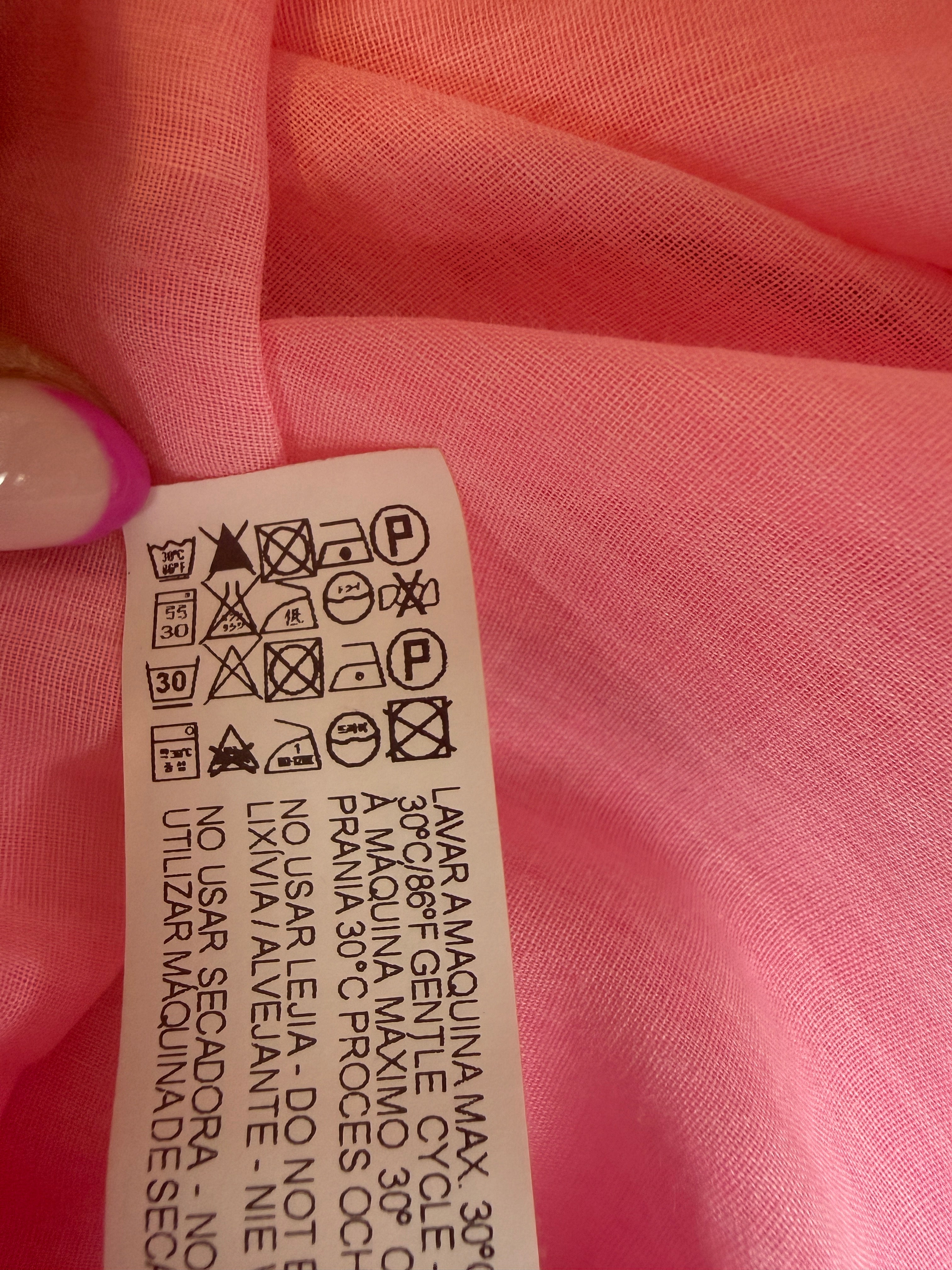 Zara Basic Neon Pink Sheer Cotton Ramie V Neck Blouse XL