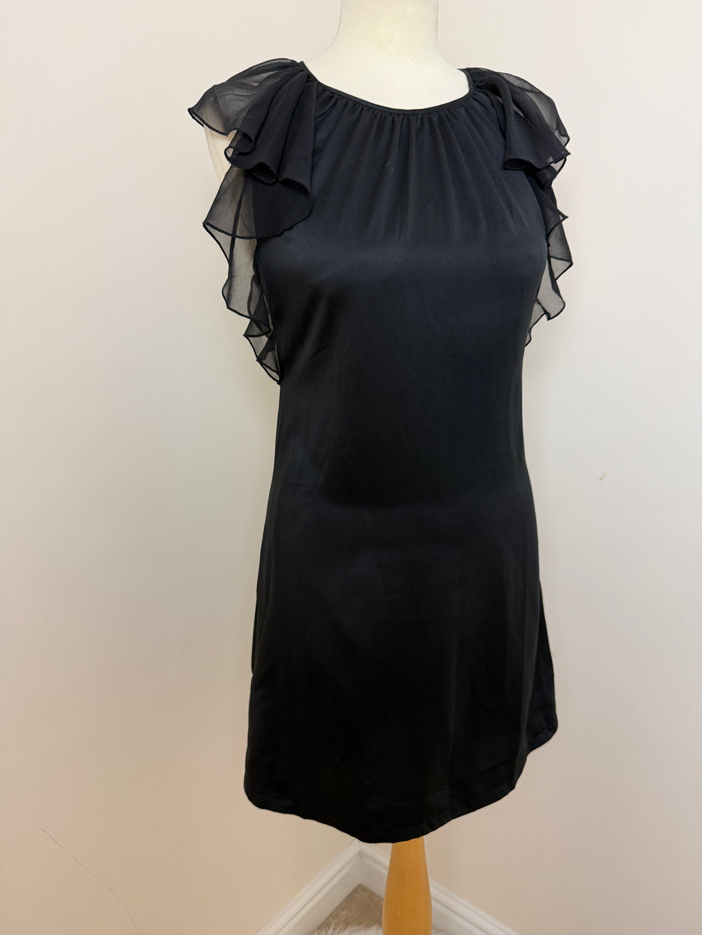 Lipsy BNWT Black Satin Lined Mini  Dress with Sheer Ruffled Sleeves - UK8