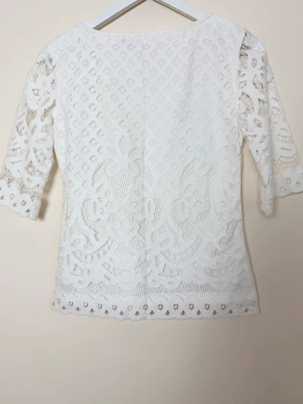 Apricot White Lace Top UK 8 Sheer Sleeve Round Neck Blouse