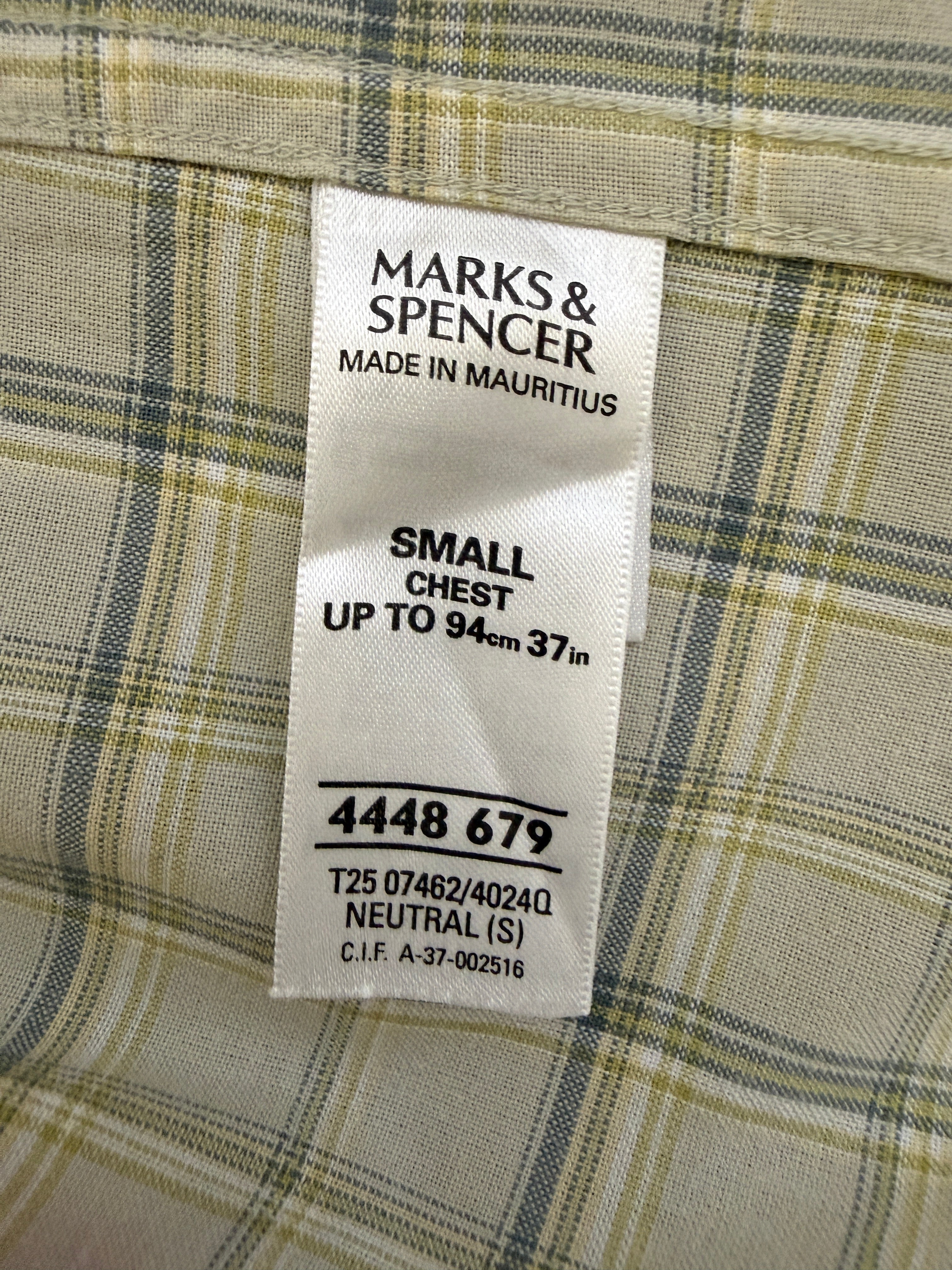 Marks & Spencer Beige Blue Check Cotton Shirt Mens Small ( more medium )