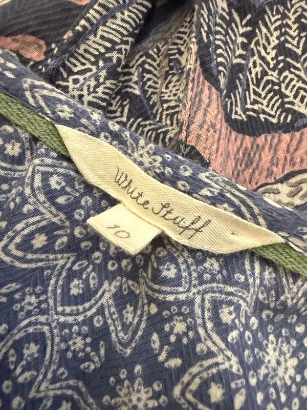 White Stuff Blue Pink Patterned Mini Dress UK10 Cap Sleeve Button Back