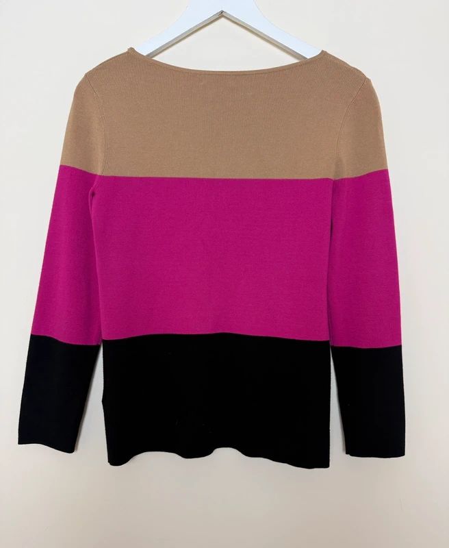 Hobbs Colour Block Knit Jumper Pink Beige Black Scoop Neck Small