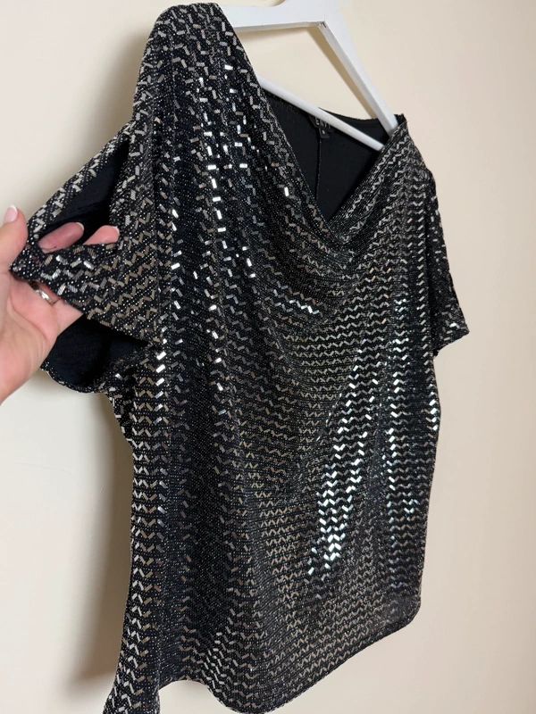 Envy Metallic Ruched Party Top Black Silver Shimmer Short Sleeve UK 18