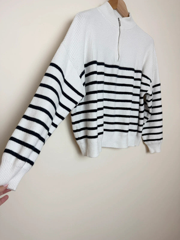 Mango White Black Striped Oversized Ribbed Jumper - Small