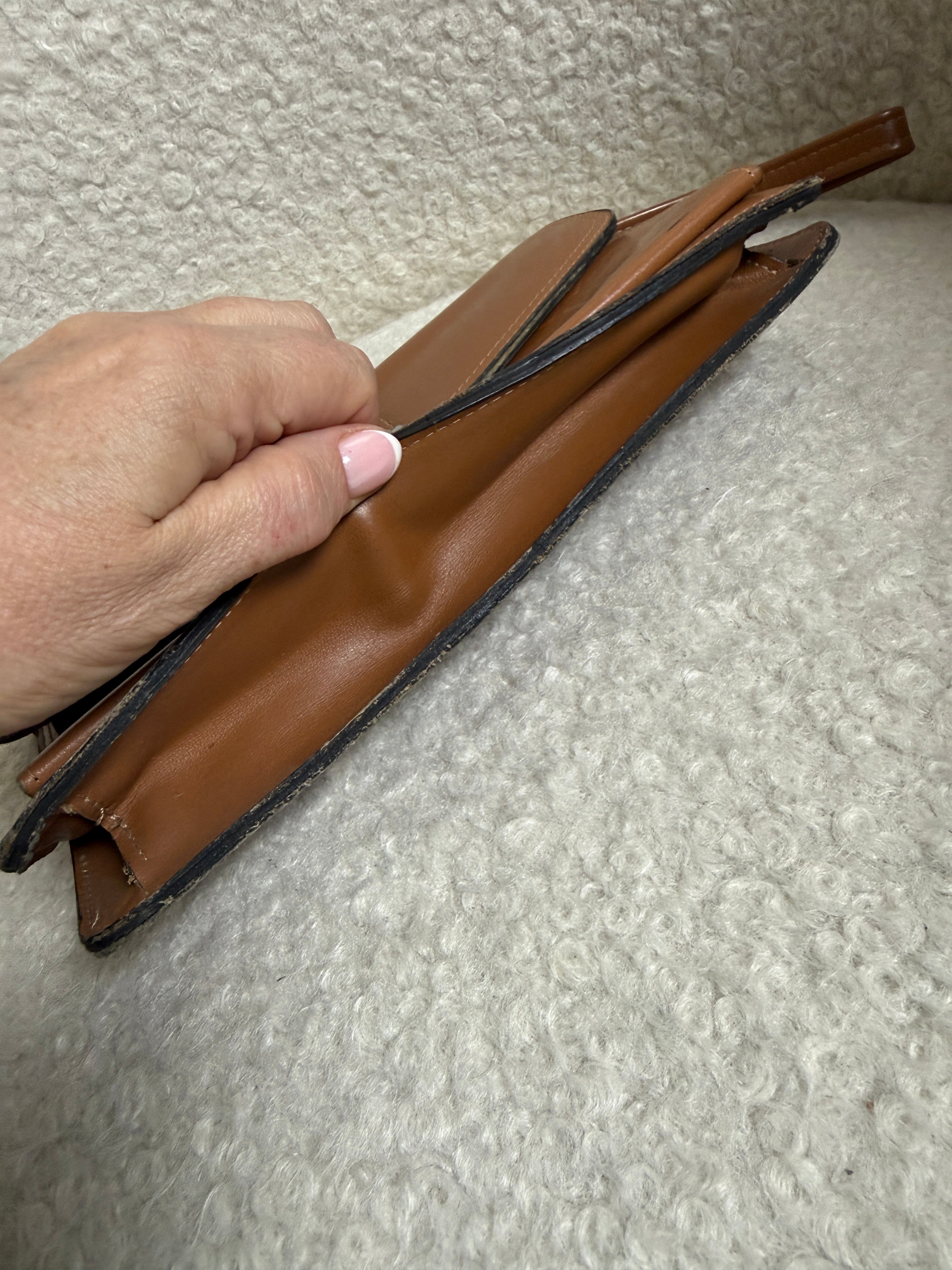 Vintage French Brown Cowhide Leather Clutch Bag Box Veritable Wrist Strap