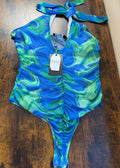 NAANAA Blue Green Marble Print Halterneck Ruched Sheer Mesh Bodysuit UK 10