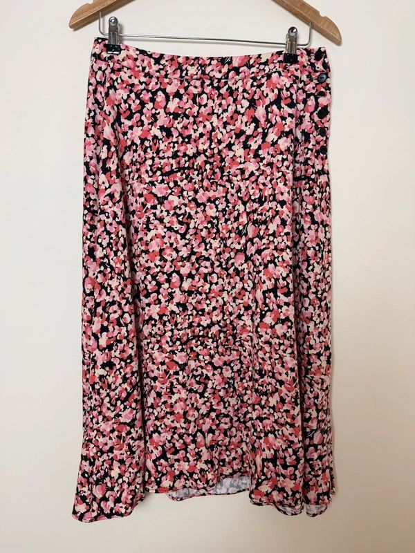Oliver Bonas Pink Black Ditsy Floral Midi Skirt Flared Button Detail UK10